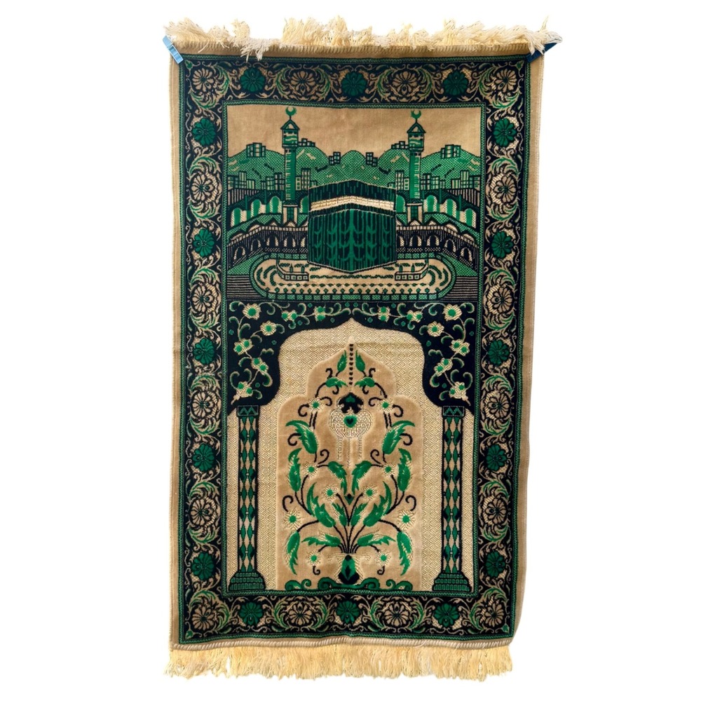Vintage Germatex Islamic Prayer Rug Kaaba Mecca Design Green Gold Fringed Mat
